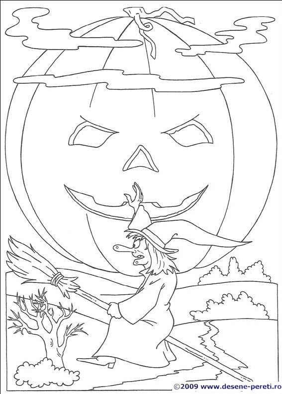 Halloween desene de colorat vrajitoare bostan